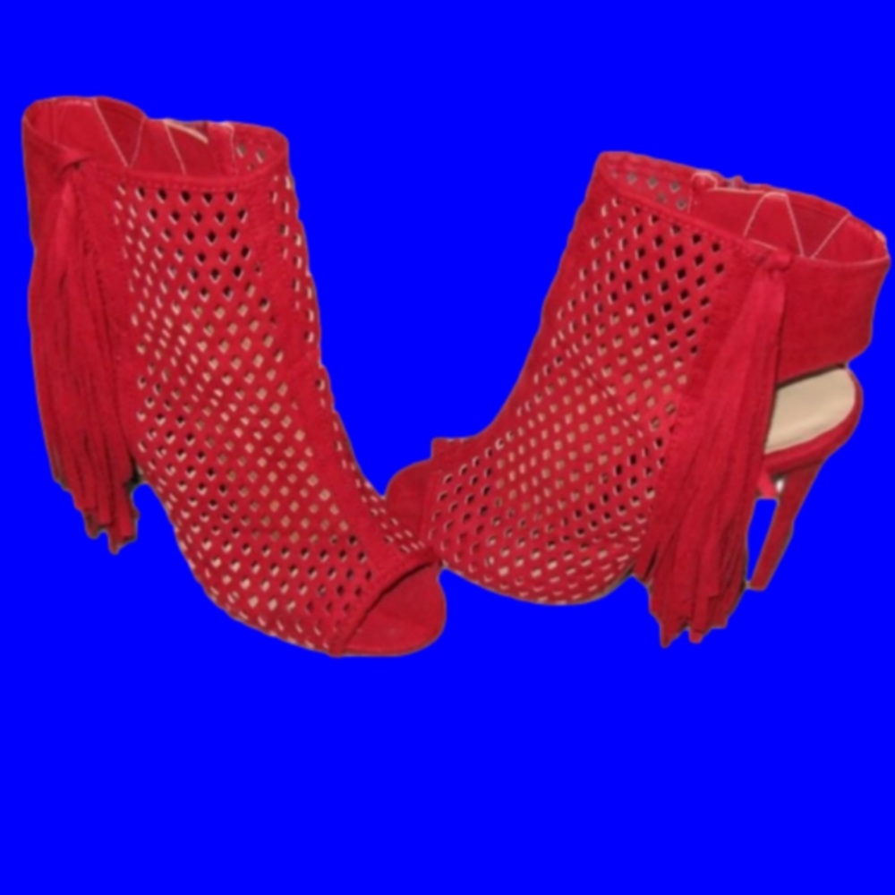 JUST Fab Red Faux Suede Fringe High Heel Open Toe Ankle Boots Size 7.5